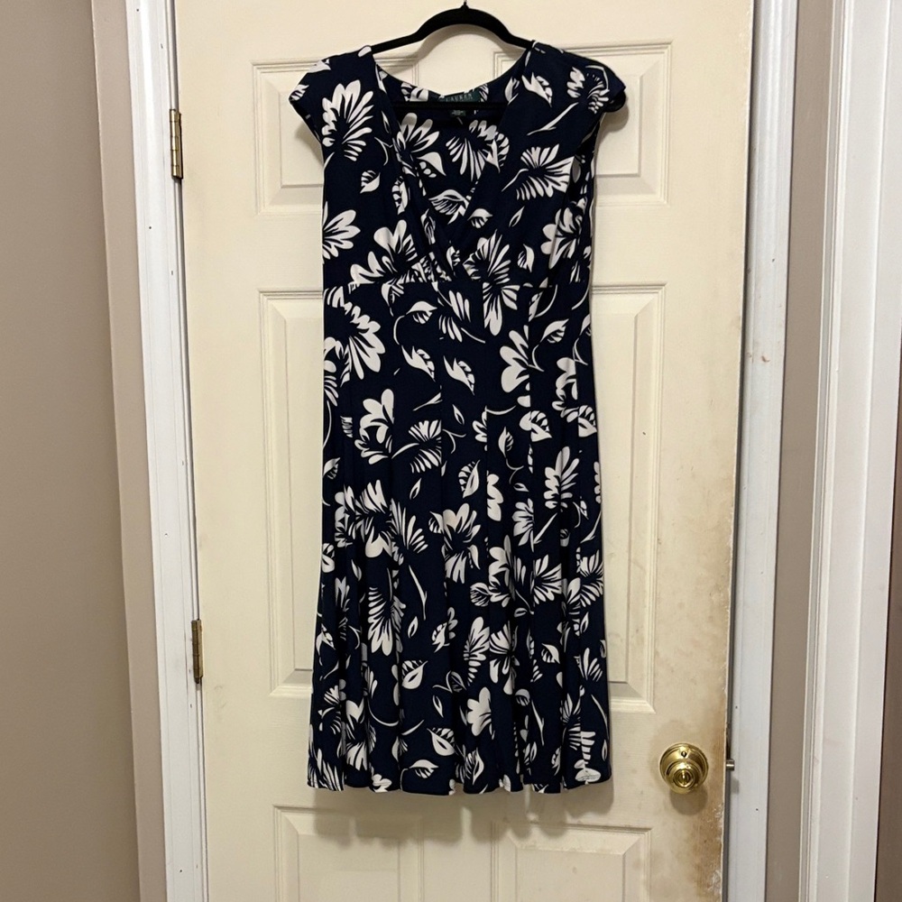 Polo by Ralph Lauren Navy and Cream Floral Midi Dress. V neck.